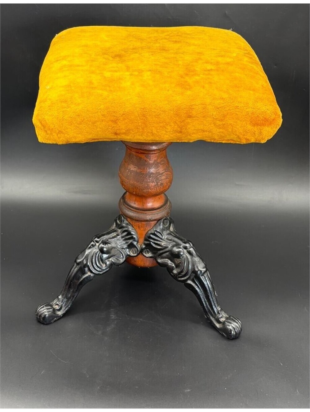 Antique Adjustable Piano Stool with Ornate Cast Iron Legs and Swivel Seat